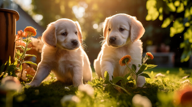 Dos cachorros de perro jugando en el jard&iacute;n