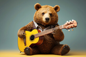 bear playing guitar on gray background