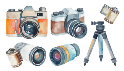 Cute watercolor camera and lens sticker / element set, Hand drawn vector illustration collection