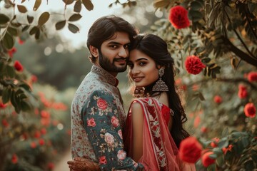 Romantic couple models posing for a wedding photoshoot in a garden