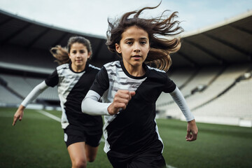 Young female athletes training on soccer field. Generative AI image