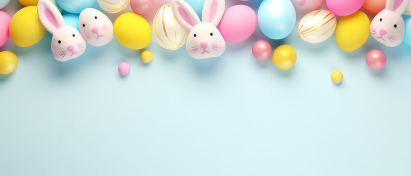 colorful eggs and bunny on blue pastel background