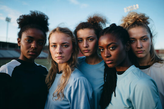 Portrait of determined female soccer players ready for the game. Generative AI image