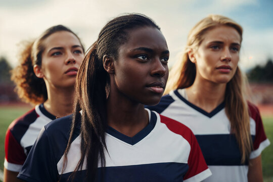 Determined female soccer players ready for the game. Generative AI image