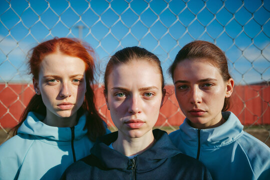 Confident female soccer team showcases unity. Generative AI image