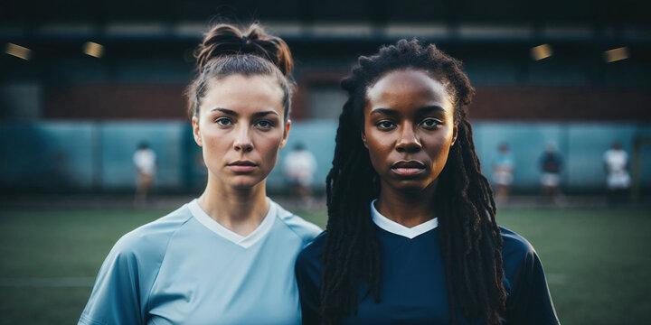 Determined multiethnic female soccer players ready for the game. Generative AI image