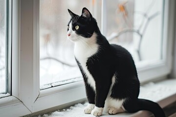 Sleek black and white cat sitting on a windowsill.
