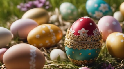 Obraz premium Easter's charm a serene sunrise, playful bunny, or intricate still life. Adorned with pastels, blossoms, and eggs, it captures the essence of family, tradition, and spring's beauty, generative AI