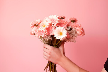 Male hand holding bouquet of pink rose flowers. Flower courier. Delivery flowers at Valentine's day concept or birthday.
