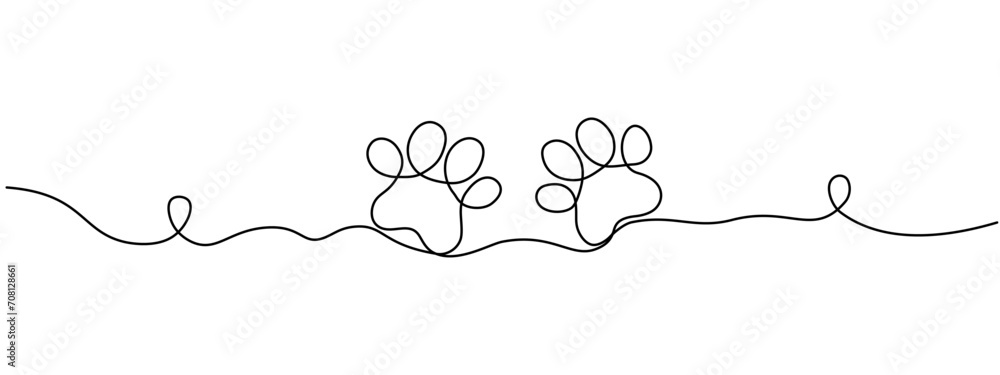 Poster drawing the paw of a dog or cat with a continuous line. footprint design. one line art paw print. ve