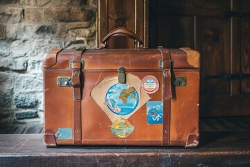 Old leather suitcase with travel stickers Ready for adventure
