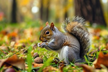 Playful squirrel nibbling on an acorn in a lush park