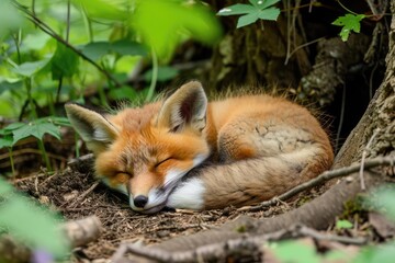 Sleepy fox cub curled up in a forest den