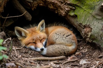 Naklejka na ściany i meble Sleepy fox cub curled up in a forest den