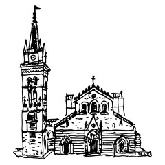Messina Cathedral. Roman Catholic temple in Sicily, Italy. Hand drawn linear doodle rough sketch. Black and white silhouette.