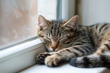 Sleepy tabby cat curled up on a cozy windowsill