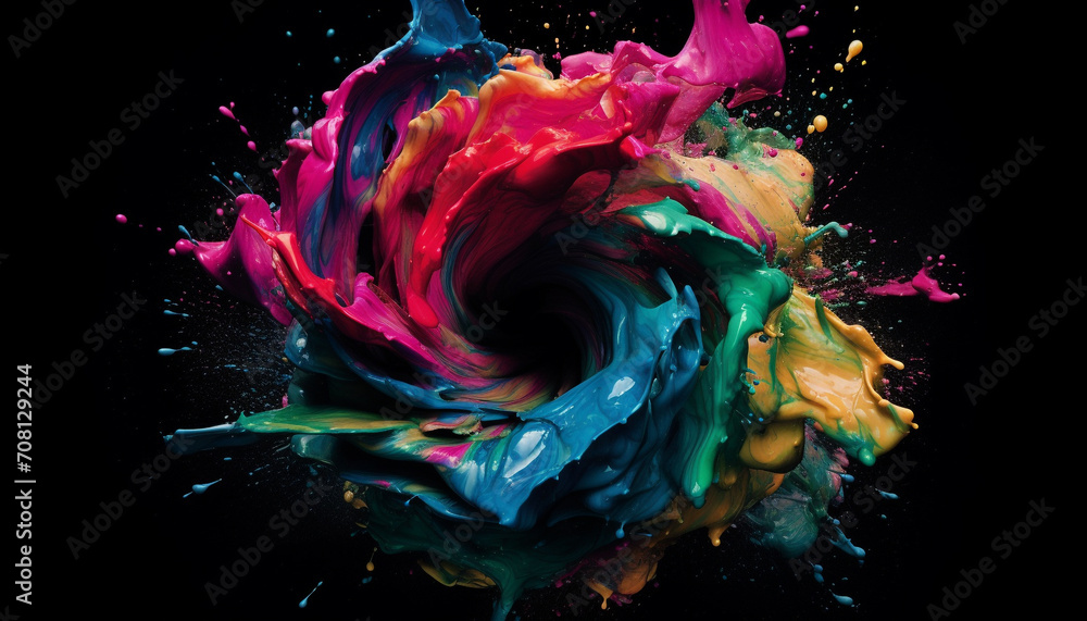 Poster abstract paint splashing in vibrant colors, creating a chaotic, messy design generated by ai
