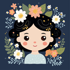 vector pretty girl with flower illustration sticker label