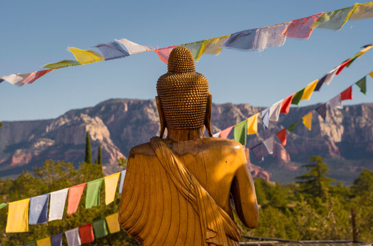 This image shows a rear view of a buddha statue overlooking an epic mountain landscape.