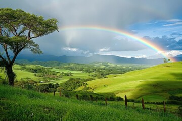 Vibrant rainbow arching over a lush green countryside