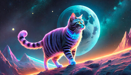 Beautiful cat walking in front of a giant moon and the deserted spaces that surround him. In front of him a splendid galaxy full of details.