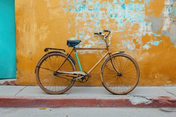 Vintage bicycle leaning against a colorful street wall