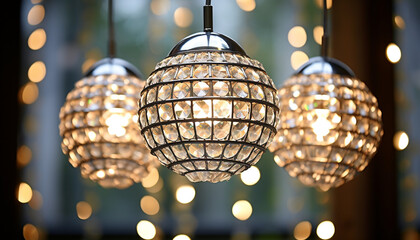 Fototapeta premium Shiny glass lanterns hanging, illuminating the night generated by AI