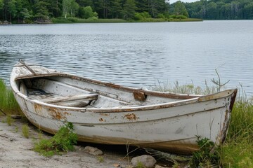 Obraz premium Weathered wooden rowboat resting on a peaceful lakeshore