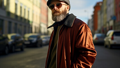 Fototapeta premium Confident man in stylish autumn fashion walking generated by AI