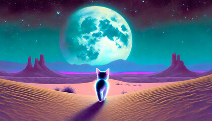 Fototapeta premium Cute little kitten walking towards the giant moon and the deserted spaces that surround him. In front of him a splendid galaxy full of details.