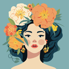 vector pretty girl with flower illustration sticker label