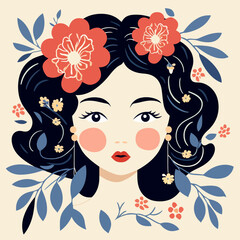 vector pretty girl with flower illustration sticker label