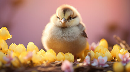 Easter chick with eggs and spring flowers