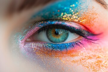 Close-up of an eye with vibrant rainbow-colored eyeshadow and glitter, highlighting intricate details and colors.