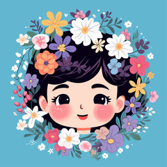 vector pretty girl with flower illustration sticker label