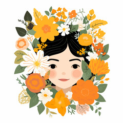 vector pretty girl with flower illustration sticker label