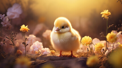 Easter chick with eggs and spring flowers