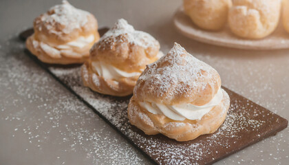 Obraz na płótnie Canvas Cream puffs sprinkled with powdered sugar. Sweet dessert