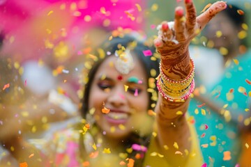 A joyful bride in traditional attire with henna on her hands celebrating with colorful confetti in the air.