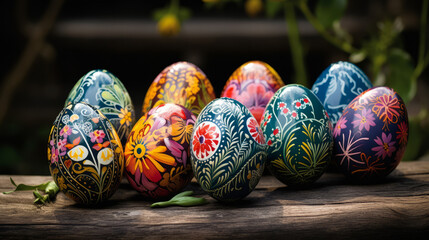 Artistic Easter Eggs on Rustic Wood. A vivid array of hand-painted Easter eggs on a rural wooden surface, showcasing folk art. Easter spring decoration