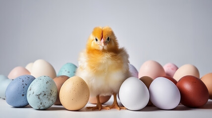 Fluffy Chick with Multicolored Easter Eggs. A cute yellow baby chick stands in front of a lineup of pastel colored Easter eggs