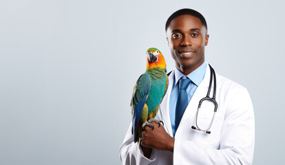 a young veterinarian black african  man in a white coat holds a exotic parrot in her hands on a white background with space for text. Concept: veterinary clinics, love for animals, poster, banner, 