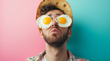 Close up of man with fried eggs on his eyes and bread hat. Minimal weird concept of healthy or unhealthy diet, nutrition or breakfast and brunch. Copy space, pastel colors - obrazy, fototapety, plakaty