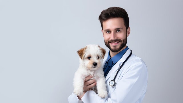 a young veterinarian caucasian  man in a white coat holds a  dag puppy white  in hands on a white background with space for text. Concept: veterinary clinics, love for animals, poster, banner, 