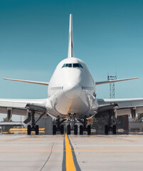 Huge white passenger aircraft taxiing, hot exhaust coming out of the engine and distorts the visibility. Frontal close-up view of two-storey jumbo jet on the ground on a sunny day. 