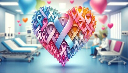 Fototapeta premium Healthcare Support Concept with Colorful Awareness Ribbons in Heart Shape, Hospital Background
