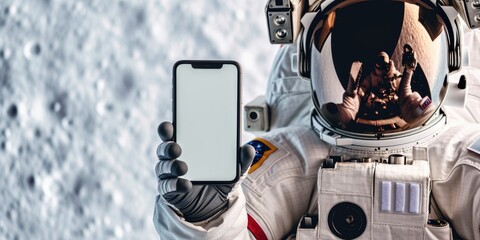 White screen smartphone holding with hand of astronaut