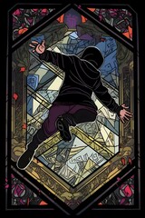 A young modern roller-skating enthusiast wearing a black hoodie is jumping high in the sky with stained glass Windows in the background. The image is surrounded by sophisticated tarot card borders, a