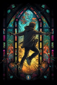A modern young roller skating enthusiast wearing a black hoodie, wearing roller skates, the background is a high-flying jump of stained glass Windows, the image is surrounded by sophisticated tarot a