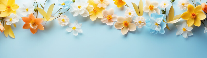 Fototapeta na wymiar Spring flowers on blue background with copy space
